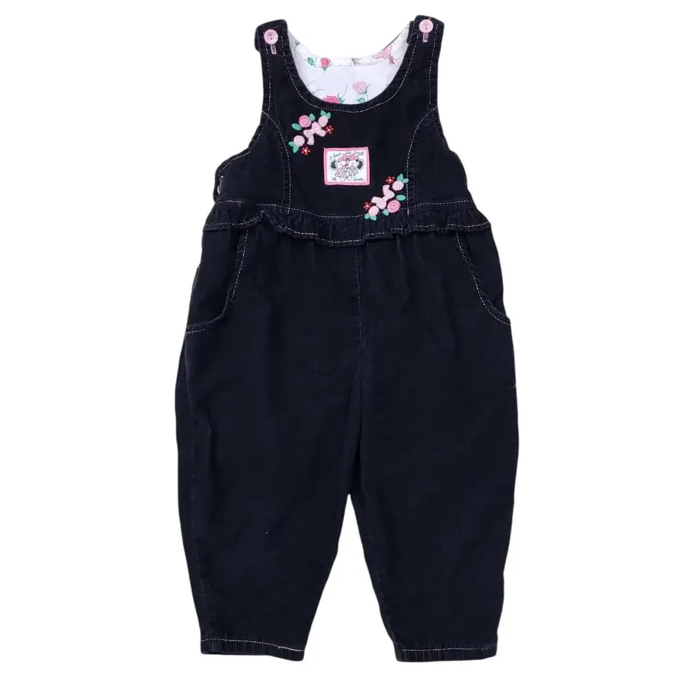 Vintage Healthtex Gray Corduroy Overalls Pink Floral Roses Patch Embroidery Sz 4
